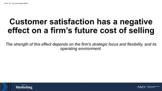From: Lim, Tuli, and Grewal (2020)
Customer satisfaction has a negative
effect on a firm’s future cost of selling
The strength of this effect depends on the firm's strategic focus and flexibility, and its
operating environment.
 