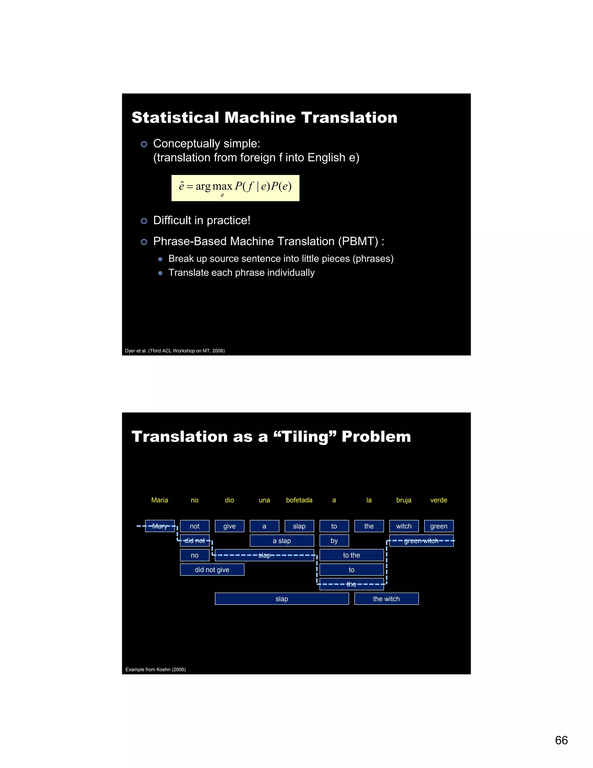 Statistical Machine Translation Conceptually simple: (translation from foreign f into English e) e = arg max P( f | e) P(e) ˆ e Difficult in practice! Phrase-Based Machine Translation (PBMT) : Break up source sentence into little pieces (phrases) Translate each phrase individually Dyer et al. (Third ACL Workshop on MT, 2008) Translation as a “Tiling” Problem Maria no dio una bofetada a la bruja verde Mary not give a slap to the witch green did not a slap by green witch no slap to the did not give to the slap the witch Example from Koehn (2006) 66 