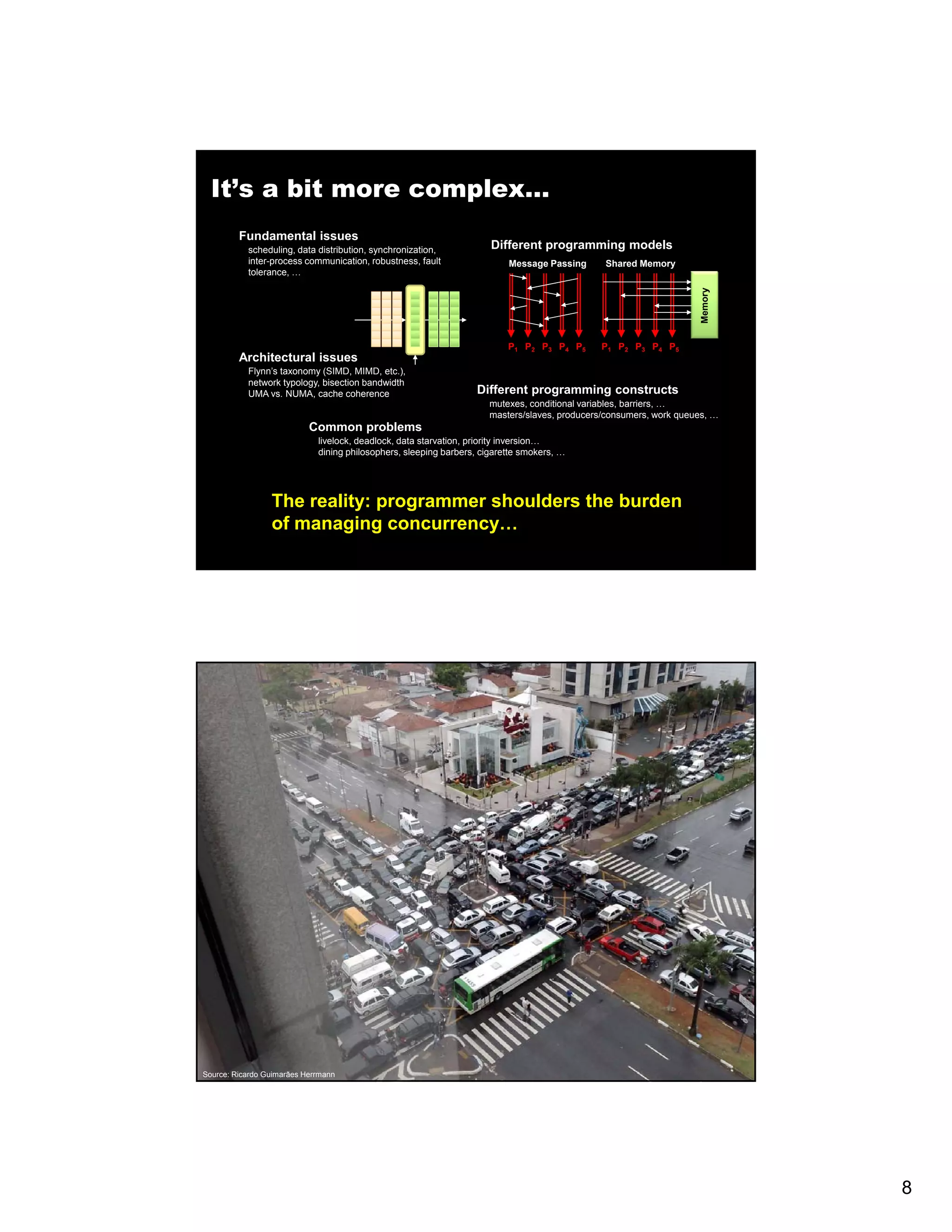 It’s a bit more complex… Fundamental issues scheduling, data distribution, synchronization, Different programming models inter-process communication, robustness, fault Message Passing Shared Memory tolerance, … y Memory P1 P2 P3 P4 P5 P1 P2 P3 P4 P5 Architectural issues Flynn’s taxonomy (SIMD, MIMD, etc.), network typology, bisection bandwidth UMA vs. NUMA, cache coherence Different programming constructs mutexes, conditional variables, barriers, … masters/slaves, producers/consumers, work queues, … Common problems livelock, deadlock, data starvation, priority inversion… dining philosophers, sleeping barbers, cigarette smokers, … The reality: programmer shoulders the burden of managing concurrency… Source: Ricardo Guimarães Herrmann 8 