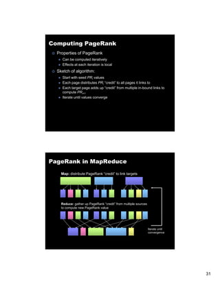 Computing PageRank
  Properties of PageRank
    Can be computed iteratively
    Effects at each iteration is local
  Sketch of algorithm:
    Start with seed PRi values
    Each page distributes PRi “credit” to all pages it links to
    Each target page adds up “credit” from multiple in-bound links to
    compute PRi+1
    Iterate until values converge
                               g




PageRank in MapReduce

    Map: distribute PageRank “credit” to link targets




    Reduce: gather up PageRank “credit” from multiple sources
    to compute new PageRank value




                                                                Iterate until
                                                                convergence



                                                  ...




                                                                                31
 
