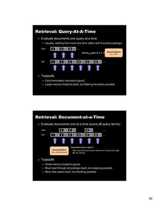 Retrieval: Query-At-A-Time
  Evaluate documents one query at a time
         Usually, starting from most rare term (often with tf-scored postings)

  blue         9    2     21    1     35    1   …
                                                      Score{q=x}(doc n) = s          Accumulators
                                                                                         (e.g., hash)



  fish         1    2     9     1     21    3    34   1    35    2    80    3   …




  Tradeoffs
         Early termination heuristics (good)
         Large memory footprint (bad), but filtering heuristics possible




Retrieval: Document-at-a-Time
  Evaluate documents one at a time (score all query terms)
  blue                    9     2     21    1              35    1              …

  fish
  fi h         1    2     9     1     21    3    34   1    35    2    80    3   …




                                       Document score in top k?
               Accumulators                Yes: Insert document score, extract-min if queue too large
              (e.g. priority queue)        No: Do nothing


  Tradeoffs
         Small memory footprint (good)
         Must read through all postings (bad), but skipping possible
         More disk seeks (bad), but blocking possible




                                                                                                        59
 