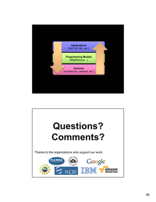 Applications
                        (NLP IR ML, etc.)
                        (NLP, IR, ML t )


                      Programming Models
                         (MapReduce…)


                              Systems
                    (architecture, network, etc.)
                    ( hit t          t   k t )




            Questions?
            Comments?
Thanks to the organizations who support our work:




                                                    88
 