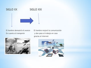 SIGLO XX SIGLO XXI
El hombre demostró el avance El hombre mojoró la comunicación
En cuanto al transporte y dan paso al trabajo en casa
gracias al internet
 