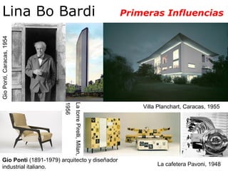 Lina Bo Bardi  Primeras Influencias La torre Pirelli, Milan,  1956  Villa Planchart, Caracas, 1955  Gio Ponti, Caracas, 1954  La cafetera Pavoni, 1948  Gio Ponti  (1891-1979) arquitecto y diseñador industrial italiano.  