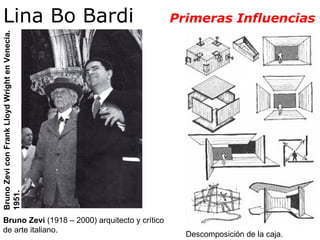 Descomposición de la caja. Bruno Zevi con Frank Lloyd Wright en Venecia. 1951.   Bruno Zevi  (1918 – 2000) arquitecto y crítico de arte italiano.  Lina Bo Bardi  Primeras Influencias 