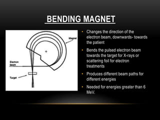 BENDING MAGNET
• Changes the direction of the
electron beam, downwards- towards
the patient
• Bends the pulsed electron beam
towards the target for X-rays or
scattering foil for electron
treatments
• Produces different beam paths for
different energies
• Needed for energies greater than 6
MeV.
 