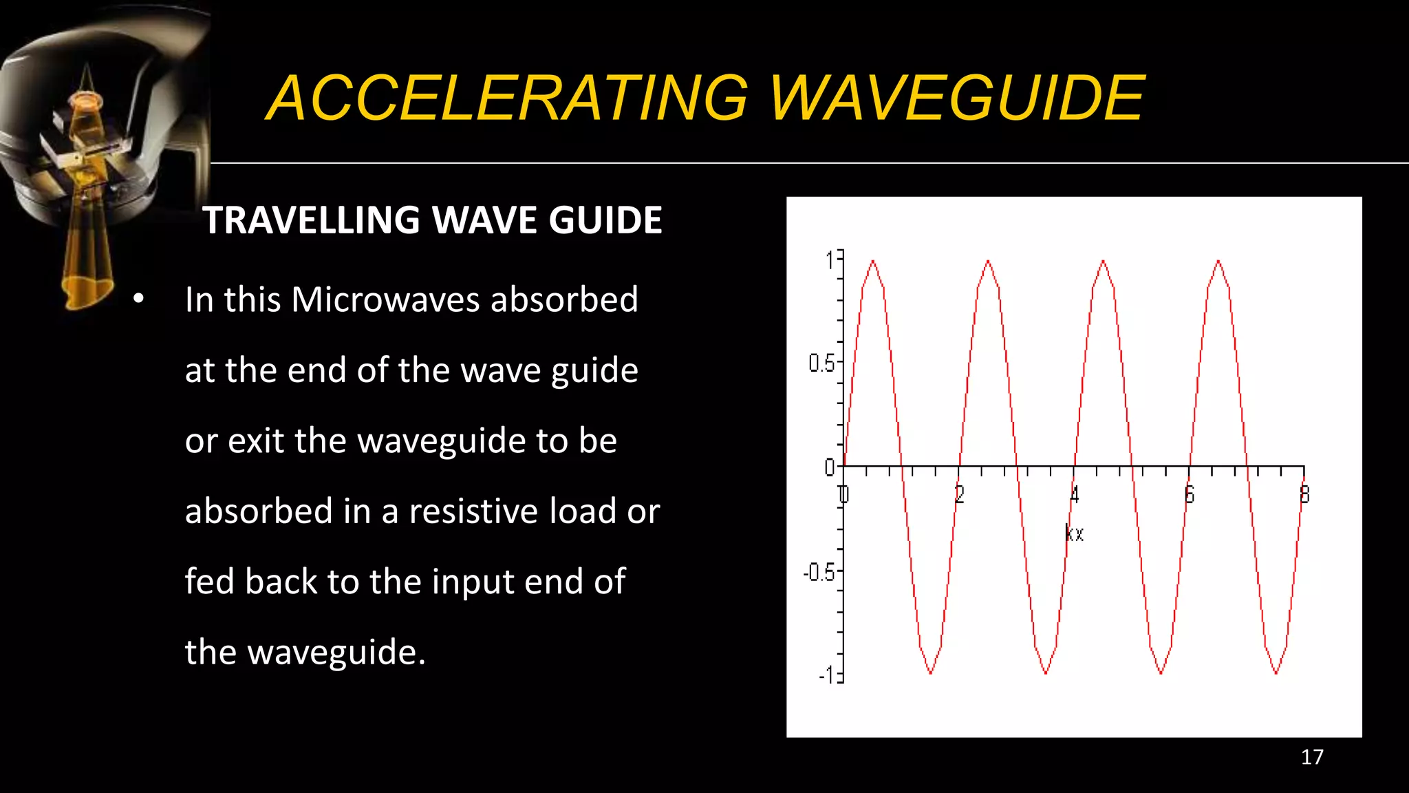 ACCELERATING WAVEGUIDE
TRAVELLING WAVE GUIDE
• In this Microwaves absorbed
at the end of the wave guide
or exit the waveguide to be
absorbed in a resistive load or
fed back to the input end of
the waveguide.
17
 