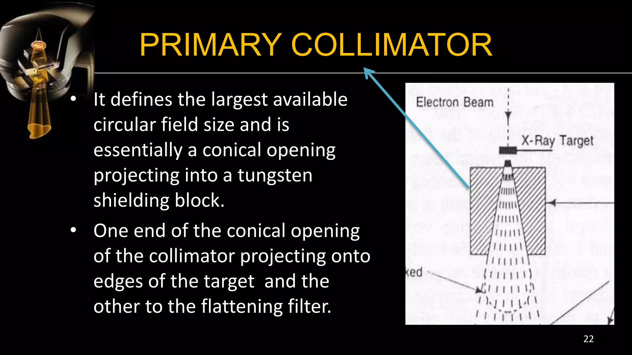 PRIMARY COLLIMATOR
• It defines the largest available
circular field size and is
essentially a conical opening
projecting into a tungsten
shielding block.
• One end of the conical opening
of the collimator projecting onto
edges of the target and the
other to the flattening filter.
22
 