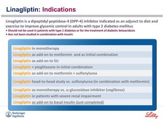 Linagliptin: Indications
Linagliptin in monotherapy
Linagliptin as add-on to metformin and as initial combination
Linagliptin as add-on to SU
Linagliptin + pioglitazone in initial combination
Linagliptin as add-on to metformin + sulfonylurea
Linagliptin head-to-head study vs. sulfonylurea (in combination with metformin)
Linagliptin as monotherapy vs. -glucosidase inhibitor (voglibose)
Linagliptin in patients with severe renal impairment
Linagliptin as add-on to basal insulin (just completed)
Linagliptin is a dipeptidyl peptidase-4 (DPP-4) inhibitor indicated as an adjunct to diet and
exercise to improve glycemic control in adults with type 2 diabetes mellitus
• Should not be used in patients with type 1 diabetes or for the treatment of diabetic ketoacidosis
• Has not been studied in combination with insulin
 