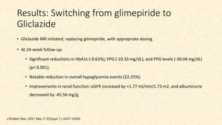 Results: Switching from glimepiride to
Gliclazide
• Gliclazide MR initiated, replacing glimepiride, with appropriate dosing.
• At 24-week follow-up:
• Significant reductions in HbA1c (-0.63%), FPG (-10.33 mg/dL), and PPG levels (-30.04 mg/dL)
(p< 0.001).
• Notable reduction in overall hypoglycemia events (22.25%).
• Improvements in renal function: eGFR increased by +1.77 ml/min/1.73 m2, and albuminuria
decreased by -45.56 mg/g.
J Endocr Soc. 2021 May 3; 5(Suppl 1): A407–A408.
 
