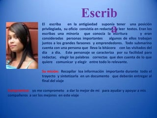 EscribaEl  escriba   en la antigüedad  suponía tener  una posición  privilegiada,  su oficio  consistía en redactar   y leer  textos. Eran los escribas una minoría  que conocía la escritura     y eran consideradas  personas importantes    algunos de ellos trabajan  juntos a los grandes faraones  y emprendedores.  Todo submarino cuenta con una persona que  lleva la bitácora    con las visitados del día   a día.   Este personaje se caracteriza  por su facilidad para redactar,   elegir las palabras   correctas  que den cuenta de lo que quiere    comunicar  y elegir   entre todo lo relevante.  Su misión:  Recopilar  loa información  importante durante  todo el trayecto  y sintetizarla  en un documento   que deberán entregar al final del viaje  Compromiso:   yo me comprometo   a dar lo mejor de mi   para ayudar y apoyar a mis compañeros  a ser los mejores  en este viaje 