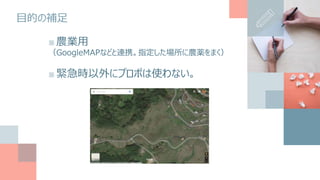 目的の補足
■農業用
（GoogleMAPなどと連携。指定した場所に農薬をまく）
■緊急時以外にプロポは使わない。
 