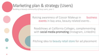 Marketing plan & strategy (Users)
Building a beauty community of busy users, year 1
Raising awareness of Cossor Makeup in business
events in bay area, beauty related events .
Roadshows at California Colleges, complementing
with social media promoting (Instagram, LinkedIn)
Pitching idea to beauty retail store for ad placement
 