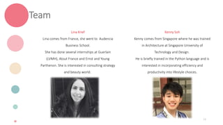 Team
Lina Krief
Lina comes from France, she went to Audencia
Business School.
She has done several internships at Guerlain
(LVMH), Atout France and Ernst and Young
Parthenon. She is interested in consulting strategy
and beauty world.
Kenny Soh
Kenny comes from Singapore where he was trained
in Architecture at Singapore University of
Technology and Design.
He is briefly trained in the Python language and is
interested in incorporating efficiency and
productivity into lifestyle choices.
13
 