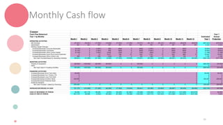 Monthly Cash flow
36
Cossor
Cash Flow Statement Year 1
Year 1 by Months Estimated Annual
Month 1 Month 2 Month 3 Month 4 Month 5 Month 6 Month 7 Month 8 Month 9 Month 10 Month 11 Month 12 Year 1 Projection
OPERATING ACTIVITIES
Net Earnings (37,251) (32,251) (17,002) (14,626) (17,002) (17,002) (19,377) (24,127) (24,127) (26,503) (28,878) (28,878) (287,023) (272,023)
Depreciation 361 361 361 361 361 361 361 361 361 361 361 361 4,333 4,333
Working Capital Changes
(Increase)/Decrease Accounts Receivable (4,143) 0 (1,657) 829 (829) 0 (829) (1,657) 0 (829) (829) 0 (9,944) (9,944)
(Increase)/Decrease Inventories (4,143) 0 (1,657) 829 (829) 0 (829) (1,657) 0 (829) (829) 0 (9,944) (9,944)
(Increase)/Decrease Other Current Assets (4,143) 0 (1,657) 5,202 (100) 0 (100) (200) 0 (100) (100) 0 (1,198) (1,198)
Increase/(Decrease) Accts Pay & Accrd Expenses 0 0 31 5,217 795 37 832 1,701 73 832 869 37 10,423 10,423
Increase/(Decrease) Other Current Liab 499 0 200 (100) 100 0 100 200 0 100 100 0 1,198 1,198
Net Cash Provided/(Used) by Operating Activities (48,821) (31,890) (21,382) (2,289) (17,502) (16,604) (19,841) (25,380) (23,693) (26,967) (29,305) (28,480) (292,155) (277,155)
INVESTING ACTIVITIES
Property & Equipment (50,000) (100,000) (50,000) (40,000) 0 0 (40,000) 0 0 0 0 0 (280,000) (20,000)
Other 0 0
Net Cash Used in Investing Activities (50,000) (100,000) (50,000) (40,000) 0 0 (40,000) 0 0 0 0 0 (280,000) (20,000)
FINANCING ACTIVITIES
Increase/(Decrease) Short Term Debt 50,000 0 50,000 50,000
Increase/(Decrease) Curr. Portion LTD 0 0 0 0
Increase/(Decrease) Long Term Debt 0 0 0 0
Increase/(Decrease) Common Stock 200,000 0 200,000 200,000
Increase/(Decrease) Preferred Stock 0 0 0 0
Dividends Declared 0 0 0
Net Cash Provided / (Used) by Financing 250,000 0 0 0 0 0 0 0 0 0 0 0 250,000 250,000
INCREASE/(DECREASE) IN CASH 151,179 (131,890) (71,382) (42,289) (17,502) (16,604) (59,841) (25,380) (23,693) (26,967) (29,305) (28,480) (322,155) (47,155)
CASH AT BEGINNING OF PERIOD 50,000 201,179 69,289 (2,093) (44,382) (61,884) (78,488) (138,329) (163,710) (187,403) (214,369) (243,675) 50,000
CASH AT END OF PERIOD 201,179 69,289 (2,093) (44,382) (61,884) (78,488) (138,329) (163,710) (187,403) (214,369) (243,675) (272,155) 2,845
 