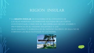 REGIÓN INSULAR 
•La región insular de Colombia es el conjunto de las islas marinas colombianas alejadas de las costas continentales, como son el archipiélago de san Andrés y providencia en el océano atlántico y las islas malpelo y Gorgona en el océano pacifico. En ella no se cuentan las islas fluviales ni lacustres.  