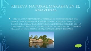 RESERVA NATURAL MARASHA EN EL AMAZONAS 
• ofrece a sus visitantes una variedad de actividades que van desde la pesca deportiva, caminatas por la selva, el viaje en canoa, o la caimaneada nocturna. Aquí podrá convivir con la naturaleza, descansar y disfrutar de las variadas actividades a realizar en un entorno de paz, tranquilidad y descanso.  