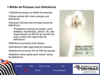 1 Bilhão de Pessoas com Deficiência
• Deficiência atinge um bilhão de pessoas
•Países pobres têm mais crianças com
deficiência
•Doenças crônicas são principal causa de
deficiência:
•Problemas crônicos de saúde, como
diabetes, hipertensão, câncer, etc, são
responsáveis por 66,5% do numero de
anos vividos com algum tipo de
deficiência
•Deficiência aumenta entre idosos
•Deficiência é fator agravante de pobreza
•Deficiência consome 2% do PIB dos países
•Relatório indica ações para reduzir danos
da deficiência
Conceito IBGE Estado da Arte ISO
WRD CETI-D Próximas Etapas
 