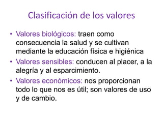 Clasificación de los valores
• Valores biológicos: traen como
  consecuencia la salud y se cultivan
  mediante la educación física e higiénica
• Valores sensibles: conducen al placer, a la
  alegría y al esparcimiento.
• Valores económicos: nos proporcionan
  todo lo que nos es útil; son valores de uso
  y de cambio.
 