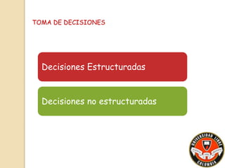 TOMA DE DECISIONES 
Decisiones Estructuradas 
Decisiones no estructuradas 
 