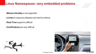 © Copyright 2018 Xilinx
Linux Namespaces: very embedded problems
˃Mixed-criticality is not supported
˃Limits on resource utilization are hard to enforce
˃Real-Time support is difficult
˃Certifications are very difficult
>> 24
 