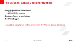 © Copyright 2018 Xilinx
The Solution: Xen as Container Runtime
˃Security, Isolation and Partitioning
Multi-Tenancy
Mixed-Criticality Workloads
˃HardwareAccess to Applications
˃Real-Time Support
˃ ViryaOS: a ready-to-use runtime environment for VMs and Secure Containers
>> 25
 