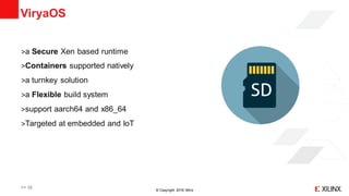 © Copyright 2018 Xilinx
ViryaOS
˃a Secure Xen based runtime
˃Containers supported natively
˃a turnkey solution
˃a Flexible build system
˃support aarch64 and x86_64
˃Targeted at embedded and IoT
>> 32
 