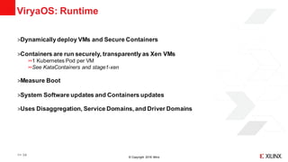 © Copyright 2018 Xilinx
ViryaOS: Runtime
˃Dynamicallydeploy VMs and Secure Containers
˃Containers are run securely, transparently as Xen VMs
1 Kubernetes Pod per VM
See KataContainers and stage1-xen
˃Measure Boot
˃System Software updates and Containers updates
˃Uses Disaggregation, Service Domains, and Driver Domains
>> 34
 