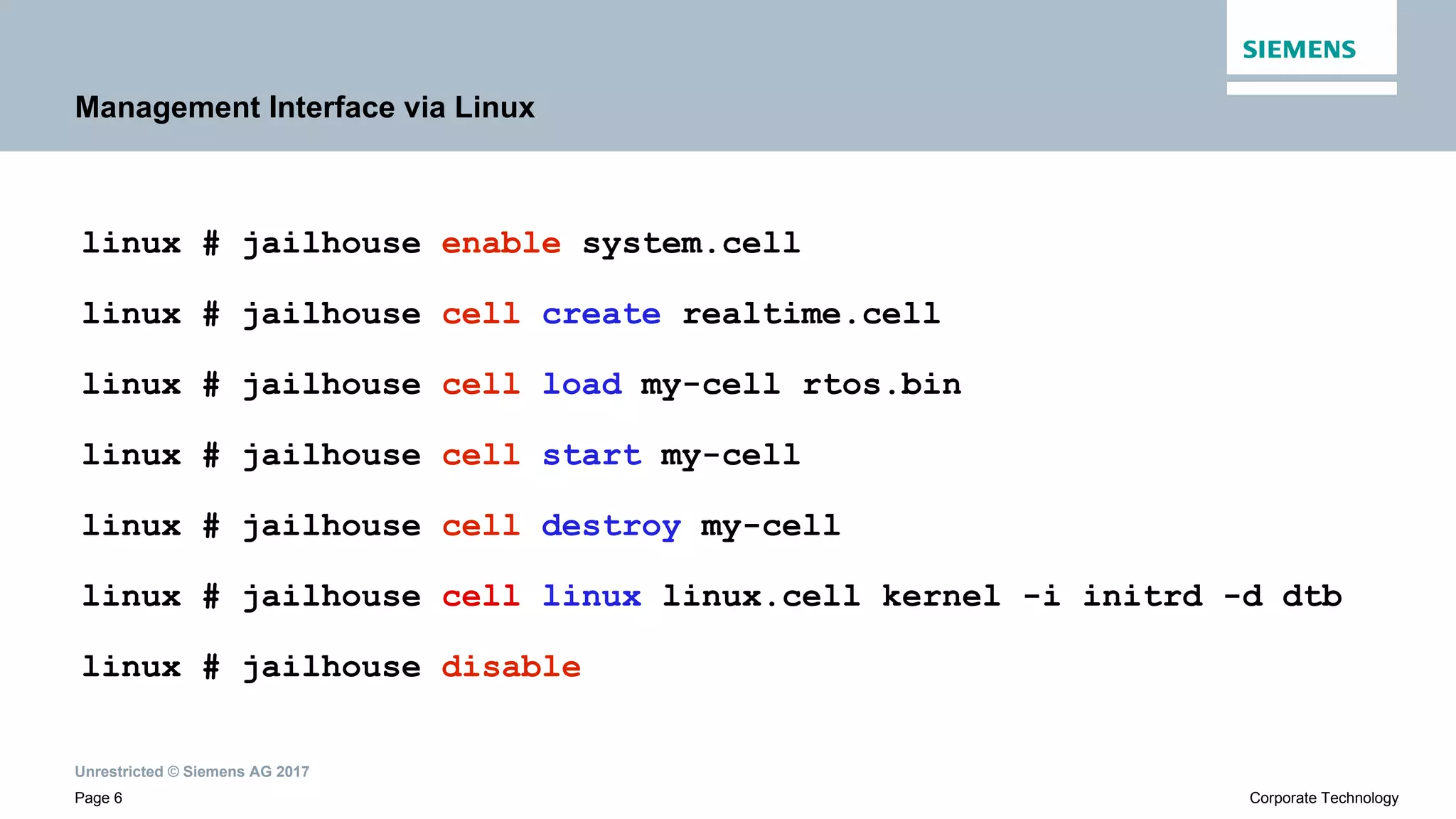 Unrestricted © Siemens AG 2017
Page 6 Corporate Technology
Management Interface via Linux
linux # jailhouse enable system.cell
linux # jailhouse cell create realtime.cell
linux # jailhouse cell load my-cell rtos.bin
linux # jailhouse cell start my-cell
linux # jailhouse cell destroy my-cell
linux # jailhouse cell linux linux.cell kernel -i initrd -d dtb
linux # jailhouse disable
 