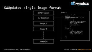 Nicola La Gloria, www.kynetics.comLinaro Connect 2017, San Francisco
SWUpdate: single image format
CPIO Header
sw-descriptor
Image 1
Image 2
Image (n)
software =
{
version = "0.1.0";
warp = {
hardware-compatibility: [ "1.0"];
Images: (
{
filename = “rootfs.ext4.gz”;
device = /dev/mmcblk0p2”:
type = “raw”
compressed = true:
}
);
scripts:(
{
filename = “update.sh”;
type = “schellscript”;
sha256 = “faaaa30c….”
}
);
}
}
 