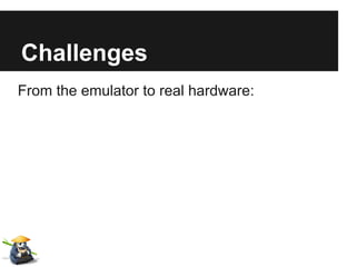 Challenges
From the emulator to real hardware:
 