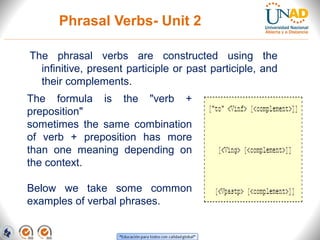Phrasal Verbs- Unit 2
The phrasal verbs are constructed using the
infinitive, present participle or past participle, and
their complements.
The formula is the "verb +
preposition"
sometimes the same combination
of verb + preposition has more
than one meaning depending on
the context.
Below we take some common
examples of verbal phrases.
 