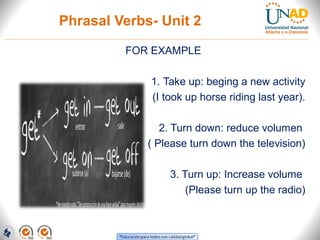 Phrasal Verbs- Unit 2
FOR EXAMPLE
1. Take up: beging a new activity
(I took up horse riding last year).
2. Turn down: reduce volumen
( Please turn down the television)
3. Turn up: Increase volume
(Please turn up the radio)
 