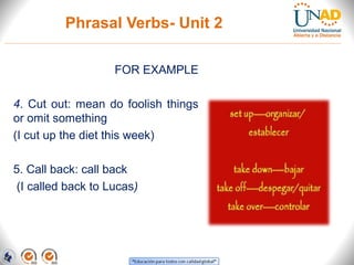 Phrasal Verbs- Unit 2
FOR EXAMPLE
4. Cut out: mean do foolish things
or omit something
(I cut up the diet this week)
5. Call back: call back
(I called back to Lucas)
 