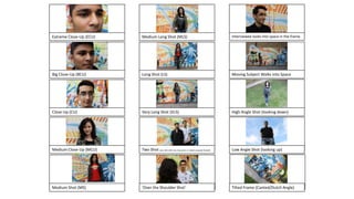 Extreme Close-Up (ECU)

Medium Long Shot (MLS)

Interviewee looks into space in the frame

Big Close-Up (BCU)

Long Shot (LS)

Moving Subject Walks into Space

Close-Up (CU)

Very Long Shot (VLS)

High Angle Shot (looking down)

Medium Close-Up (MCU)

Two Shot (any shot with two characters or objects equally framed)

Low Angle Shot (looking up)

Medium Shot (MS)

‘Over the Shoulder Shot’

Tilted Frame (Canted/Dutch Angle)

 