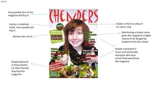 26.09.13

Any possible fans of the
magazine will buy it
A price is relatively
small, more people will
buy it
Attracts fans of art

People featured
in these photos
(or their friends)
may buy this
magazine

A date is there to show if
it’s old or new
Mentioning a school name
gives this magazine a higher
chance to be bought by
students from the school
People interested in
music and technically
everyone who buys
school food would buy
the magazine

 