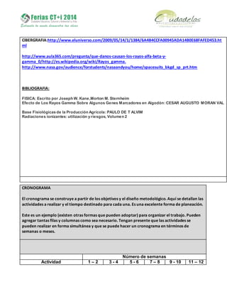 CIBERGRAFIA:http://www.eluniverso.com/2009/05/14/1/1384/6A4B4CCFA00945ADA14B0E68FAFED453.ht
ml
http://www.aula365.com/pregunta/que-danos-causan-los-rayos-alfa-beta-y-
gamma_0/http://es.wikipedia.org/wiki/Rayos_gamma.
http://www.nasa.gov/audience/forstudents/nasaandyou/home/spacesuits_bkgd_sp_prt.htm
BIBLIOGRAFIA:
FISICA: Escrito por Joseph W. Kane,Morton M. Sternheim
Efecto de Los Rayos Gamma Sobre Algunos Genes Marcadores en Algodón: CESAR AUGUSTO MORAN VAL
Base Fisiológicas de la Producción Agrícola: PAULO DE T ALVIM
Radiaciones ionizantes: utilización y riesgos, Volumen 2
CRONOGRAMA
El cronograma se construye a partir de los objetivos y el diseño metodológico. Aquí se detallan las
actividades a realizar y el tiempo destinado para cada una. Es una excelente forma de planeación.
Este es un ejemplo (existen otras formas que pueden adoptar) para organizar el trabajo. Pueden
agregar tantas filas y columnas como sea necesario. Tengan presente que las actividades se
pueden realizar en forma simultánea y que se puede hacer un cronograma en términos de
semanas o meses.
Número de semanas
Actividad 1 – 2 3 - 4 5 - 6 7 – 8 9 - 10 11 – 12
 