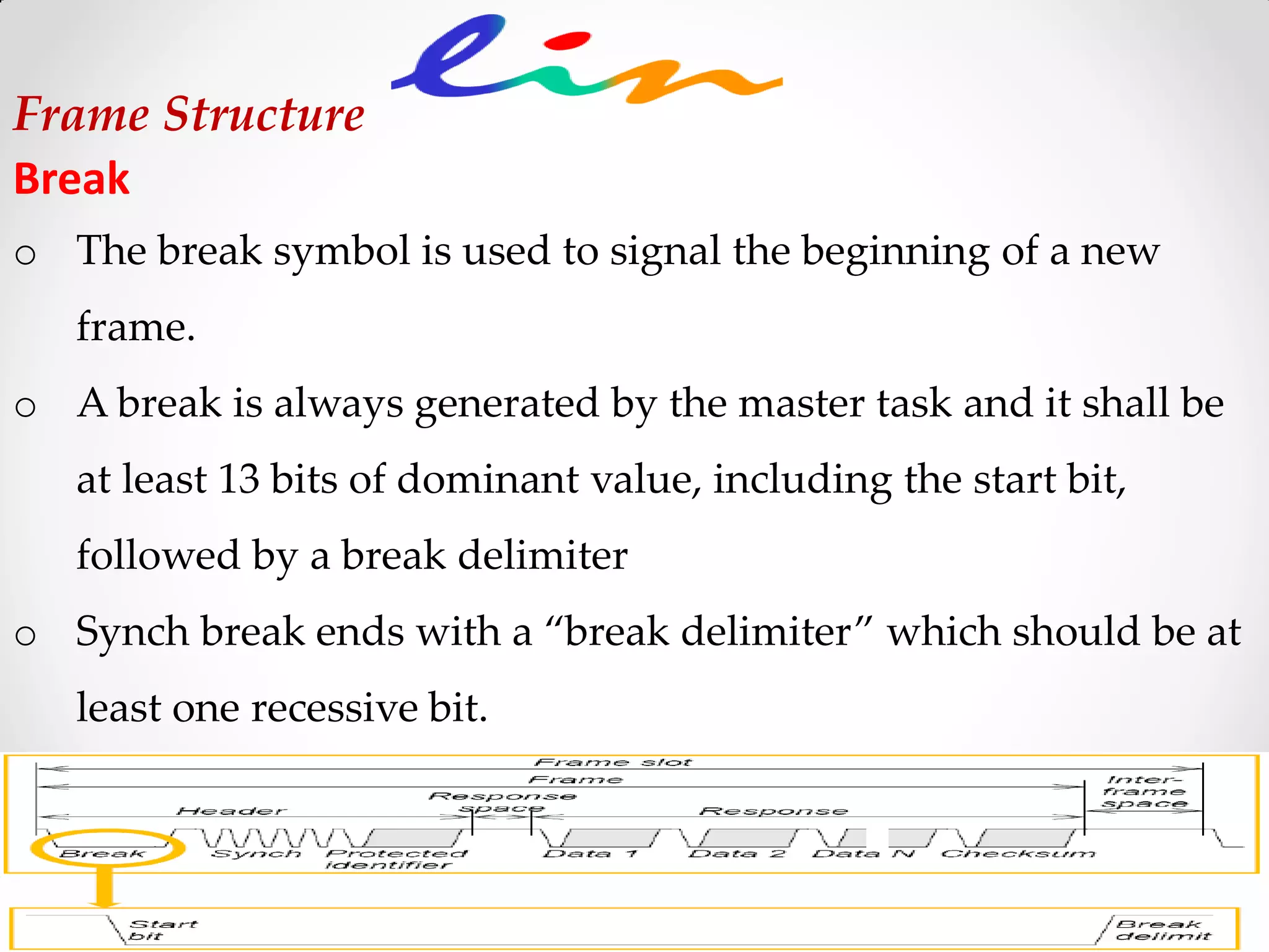 Frame Structure
Break
o The break symbol is used to signal the beginning of a new
frame.
o A break is always generated by the master task and it shall be
at least 13 bits of dominant value, including the start bit,
followed by a break delimiter
o Synch break ends with a “break delimiter” which should be at
least one recessive bit.
 