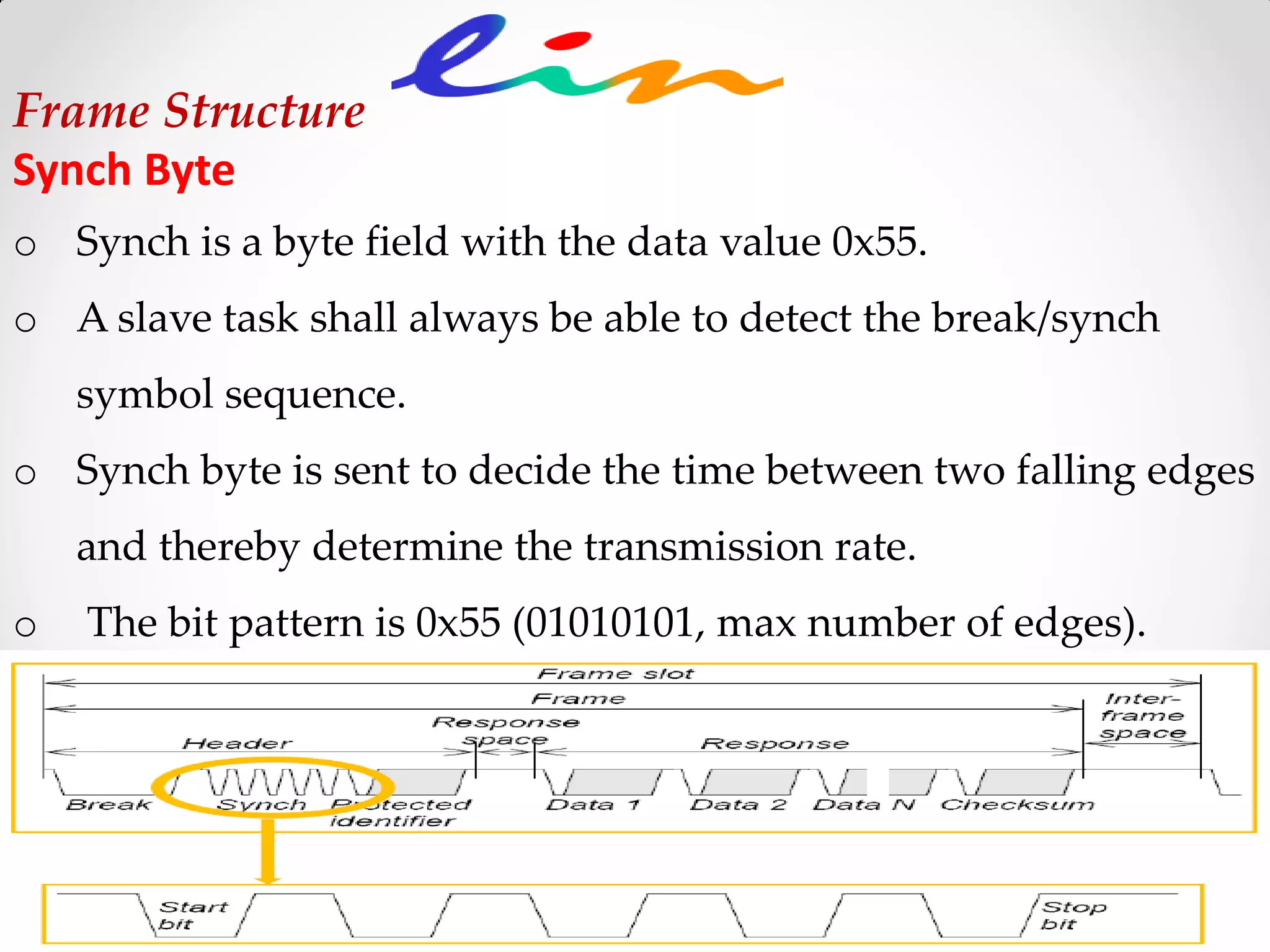 Synch Byte
o Synch is a byte field with the data value 0x55.
o A slave task shall always be able to detect the break/synch
symbol sequence.
o Synch byte is sent to decide the time between two falling edges
and thereby determine the transmission rate.
o The bit pattern is 0x55 (01010101, max number of edges).
Frame Structure
 