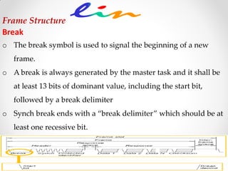 Frame Structure
Break
o The break symbol is used to signal the beginning of a new
frame.
o A break is always generated by the master task and it shall be
at least 13 bits of dominant value, including the start bit,
followed by a break delimiter
o Synch break ends with a “break delimiter” which should be at
least one recessive bit.
 