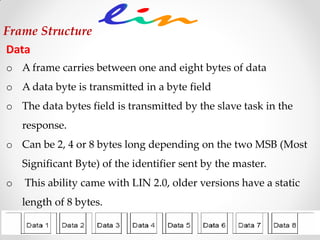 Frame Structure
Data
o A frame carries between one and eight bytes of data
o A data byte is transmitted in a byte field
o The data bytes field is transmitted by the slave task in the
response.
o Can be 2, 4 or 8 bytes long depending on the two MSB (Most
Significant Byte) of the identifier sent by the master.
o This ability came with LIN 2.0, older versions have a static
length of 8 bytes.
 