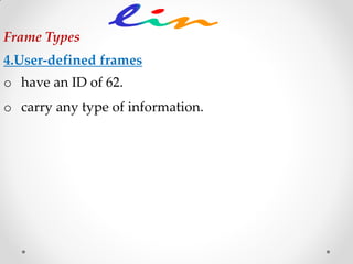 4.User-defined frames
o have an ID of 62.
o carry any type of information.
Frame Types
 