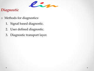 o Methods for diagnostics:
1. Signal based diagnostic.
2. User defined diagnostic.
3. Diagnostic transport layer.
Diagnostic
 