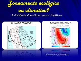 Zoneamento ecológico
   ou climático?
 A divisão da Canadá por zonas climáticas




                            Stenseth et al., Science 1999
 