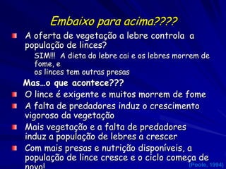 Embaixo para acima????
A oferta de vegetação a lebre controla a
população de linces?
  SIM!!! A dieta do lebre cai e os lebres morrem de
  fome, e
  os linces tem outras presas
Mas…o que acontece???
O lince é exigente e muitos morrem de fome
A falta de predadores induz o crescimento
vigoroso da vegetação
Mais vegetação e a falta de predadores
induz a população de lebres a crescer
Com mais presas e nutrição disponíveis, a
população de lince cresce e o ciclo começa de
                                             (Poole, 1994)
 