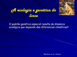 A ecologia e genética do
          lince
O padrão genética espacial resulta da dinamica
ecológica que depende das diferencias climáticas?




                            Rueness et al., Nature
 