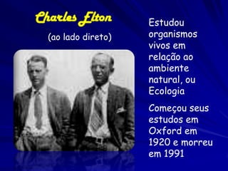 Charles Elton        Estudou
  (ao lado direto)   organismos
                     vivos em
                     relação ao
                     ambiente
                     natural, ou
                     Ecologia
                     Começou seus
                     estudos em
                     Oxford em
                     1920 e morreu
                     em 1991
 