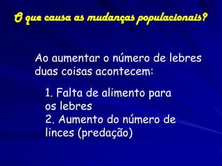 O que causa as mudanças populacionais?


    Ao aumentar o número de lebres
    duas coisas acontecem:
      1. Falta de alimento para
      os lebres
      2. Aumento do número de
      linces (predação)
 