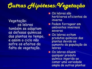 Outras Hipóteses:Vegetação
                             Os lebres são
                             herbívoros eficientes de
     Vegetação:              inverno
           os lebres         Podem forragear em
     também se adaptam       ambientes invernais
                             severos
     as defesas químicas
                             Os lebres evitam
     das plantas no tempo,   produtos químicos das
     e assim o ciclo não     plantas devido ao
     sofre os efeitos da     aumento da população de
     falta de vegetação.     lebres
                             Os lebres diluem
                             qualquer produto
                             químico ingerido ao
                             comer uma variedade
(Marty, 1995)                ampla de outras plantas
 