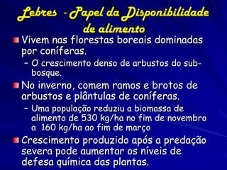 Lebres - Papel da Disponibilidade
          de alimento
Vivem nas florestas boreais dominadas
por coníferas.
 – O crescimento denso de arbustos do sub-
   bosque.
No inverno, comem ramos e brotos de
arbustos e plântulas de coníferas.
 – Uma população reduziu a biomassa de
   alimento de 530 kg/ha no fim de novembro
   a 160 kg/ha ao fim de março
Crescimento produzido após a predação
severa pode aumentar os níveis de
defesa química das plantas.
 